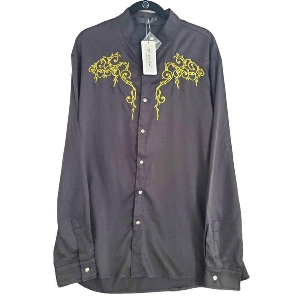 ZEROYAA Mens Luxury Gold Embroidery Design Slim Fit Long Sleeve Button Size XXL